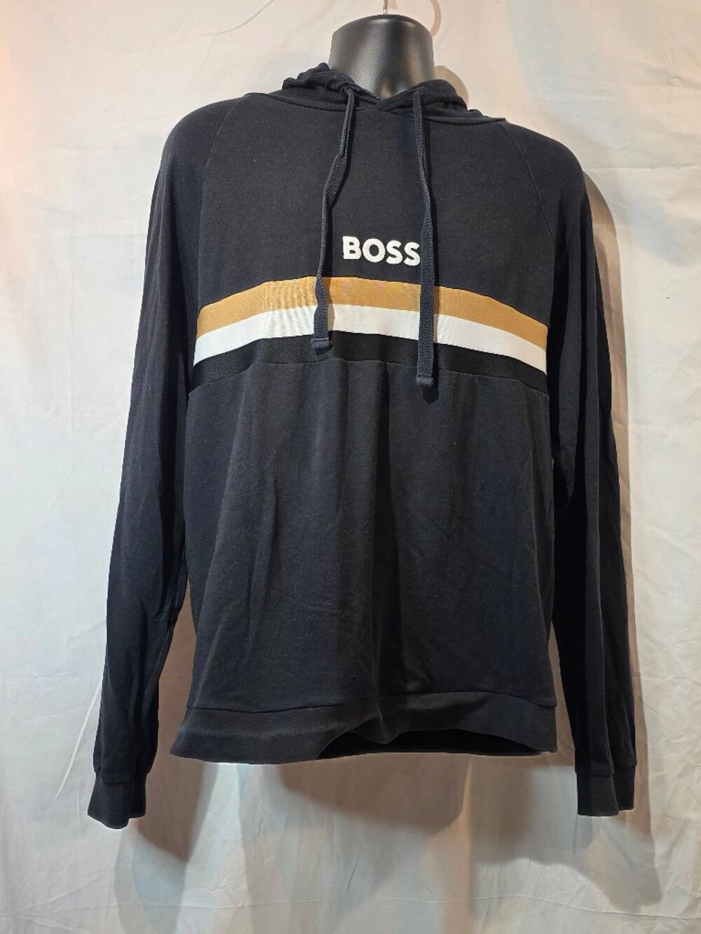 BOSS Hugo Boss Men's Black Tri-Color Striped Logo Pullover Hoodie - Size L